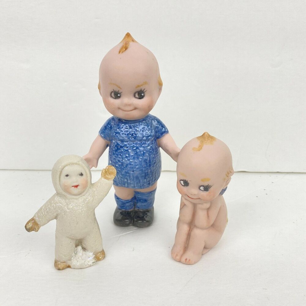Set of 3 Cupie Ceramic Doll Figurines Hand Painted 3 Sizes Angel Snow Baby 3-5"
